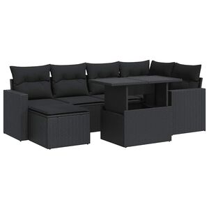 vidaXL 7-tlg. Garten-Sofagarnitur mit Kissen Schwarz Poly Rattan