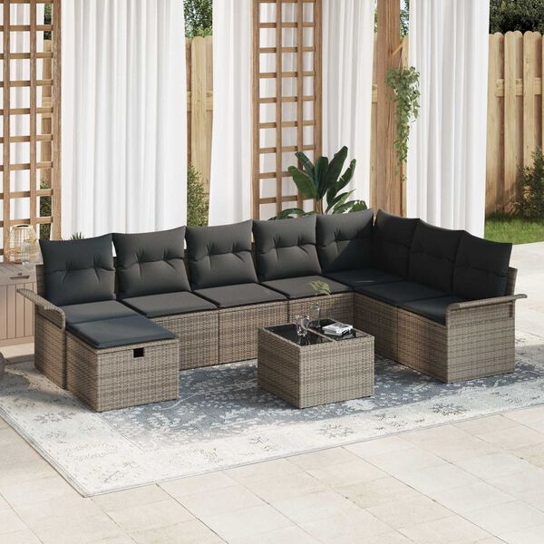 vidaXL Gartensofa-set mit Kissen mit Speicher 9 pcs Grau Poly-Rattan