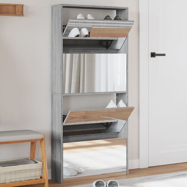 vidaXL Schuhschrank mit Spiegel 4 F&auml;cher Grau Sonoma 63x17x134 cm