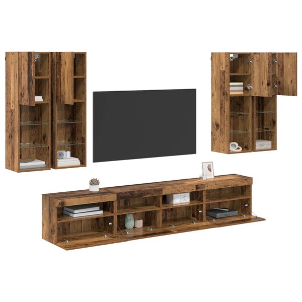 vidaXL TV-Wandschrank-Set mit LED-Lichtern Wandmontiert 7 pcs Altholz