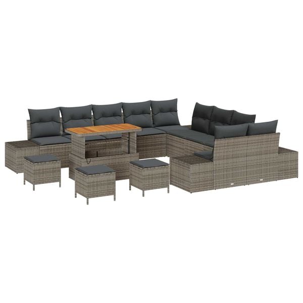 vidaXL Gartensofa-set mit Kissen mit Speicher 14 pcs Grau Poly Rattan
