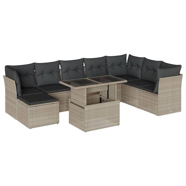vidaXL 9-tlg. Garten-Sofagarnitur mit Kissen Hellgrau Poly Rattan
