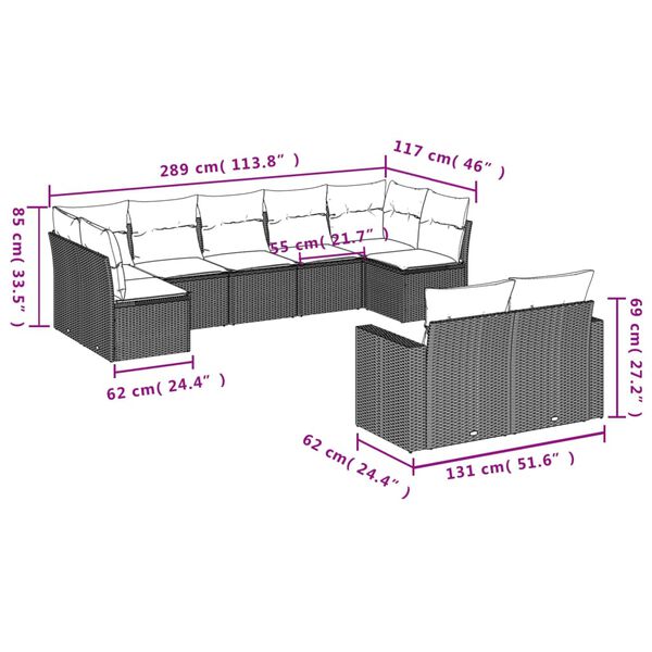 vidaXL 9-tlg. Garten-Sofagarnitur mit Kissen Braun Poly Rattan