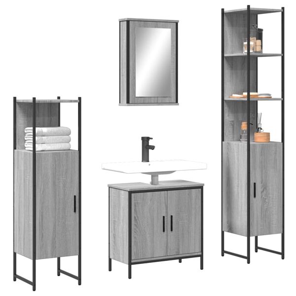 vidaXL 4-tlg. Badm&ouml;bel-Set Grau Sonoma Holzwerkstoff