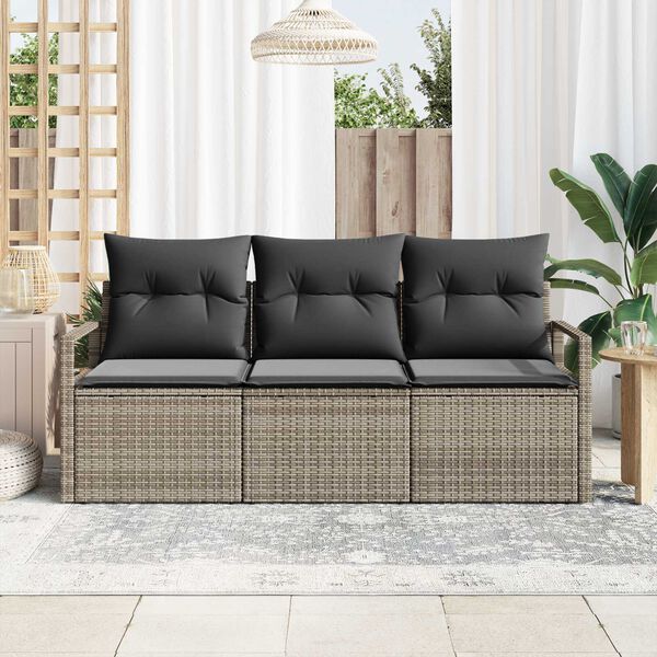 vidaXL Gartensofa-set mit Kissen mit Speicher 3 pcs Grau Poly-Rattan