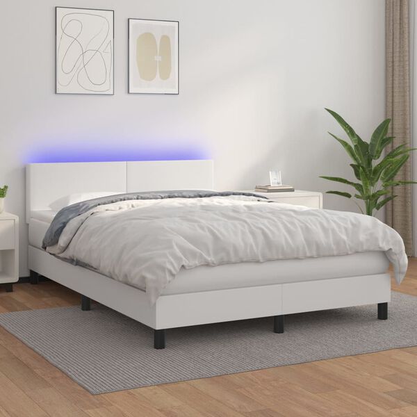vidaXL Boxspringbett mit Matratze & LED Wei&szlig; 140x190 cm Kunstleder