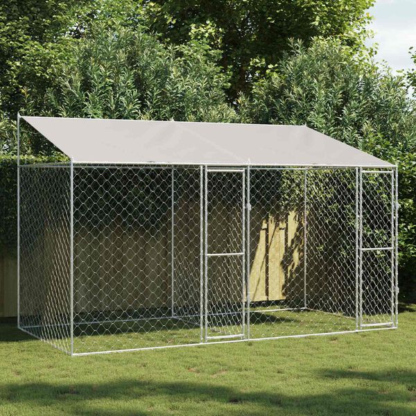 vidaXL Hundek&auml;fig mit Dach Silber 400 x 200 x 256 cm Stahl und PE