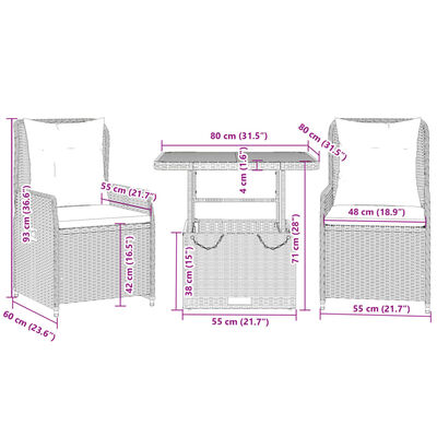 vidaXL 3-tlg. Bistro-Set mit Kissen Grau Poly Rattan