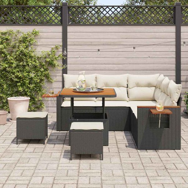 vidaXL Garten-Sofa-Set mit Kissen mit Speicher Schwarz Poly Rattan