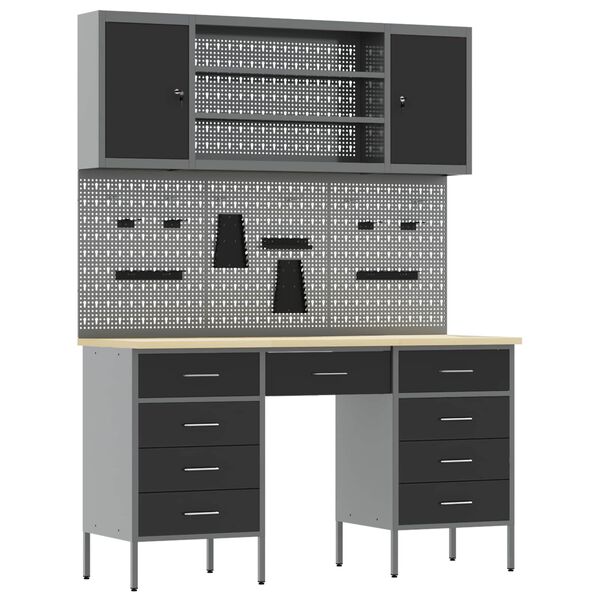 vidaXL Werkbank mit Schubladen 8 pcs Schwarz Ingenieure Holz und Stahl