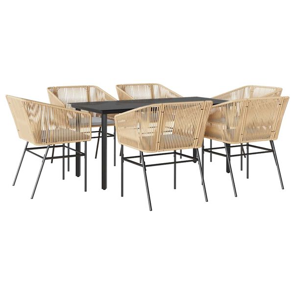 vidaXL 7-tlg. Garten-Essgruppe mit Kissen Braun Poly Rattan Glas