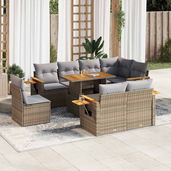 vidaXL 9-tlg. Garten-Sofagarnitur mit Kissen Beige Poly Rattan Akazie