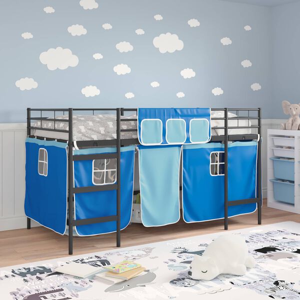 vidaXL Kinder Loft Bettgestell mit Vorh&auml;ngen Schwarz und Blau