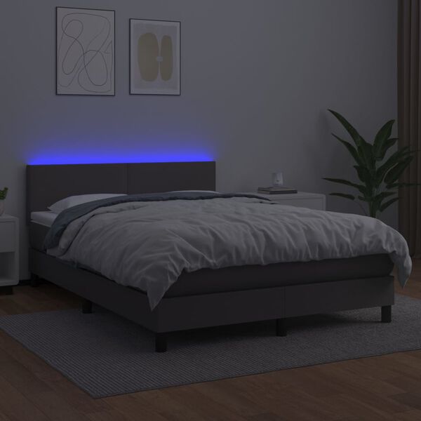 vidaXL Boxspringbett mit Matratze & LED Grau 140x190 cm Kunstleder