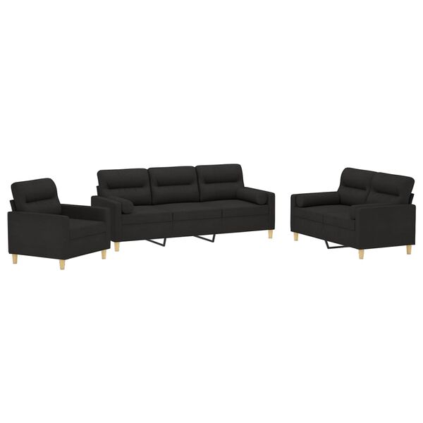 vidaXL 3-tlg. Sofagarnitur mit Kissen Schwarz Stoff