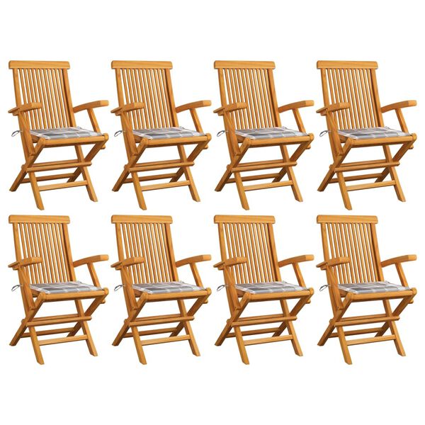 vidaXL Gartenst&uuml;hle Graue Karomuster-Kissen 8 Stk. Massivholz Teak