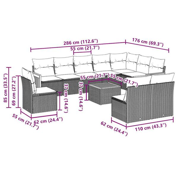 vidaXL 11-tlg. Garten-Sofagarnitur mit Kissen Schwarz Poly Rattan