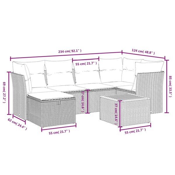vidaXL 7-tlg. Garten-Sofagarnitur mit Kissen Schwarz Poly Rattan