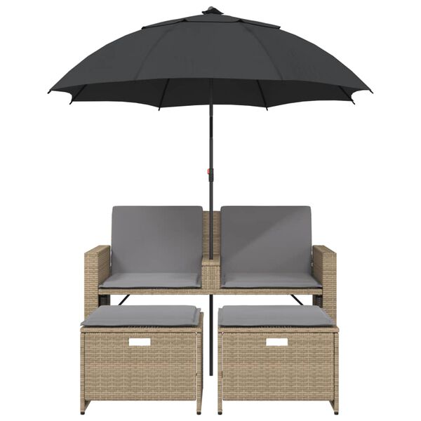 vidaXL Gartensofa 2-Sitzer Sonnenschirm und Hocker Beige Poly-Rattan