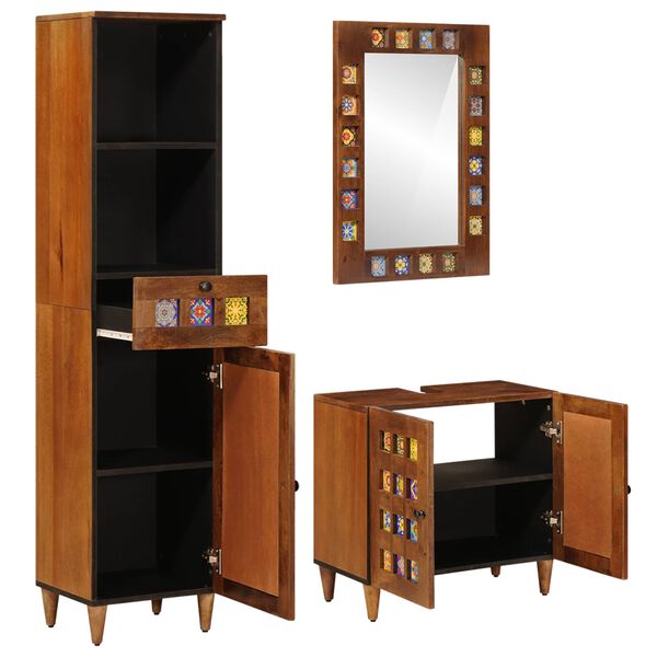 vidaXL Badezimmerm&ouml;bel-Set mit Regal 3 pcs Walnuss Massivholz Mango