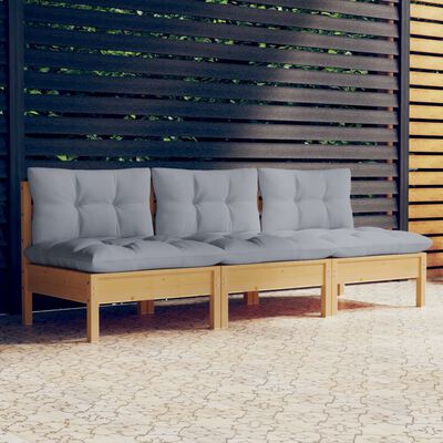 vidaXL 3-Sitzer-Gartensofa mit Grauen Kissen Massivholz Kiefer