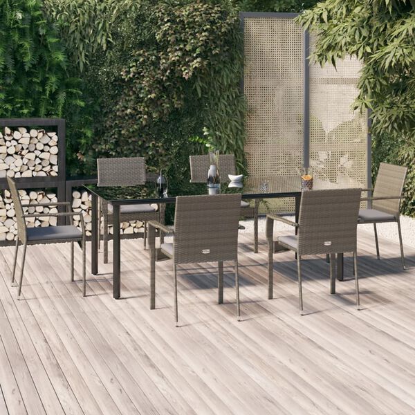 vidaXL 7-tlg. Garten-Essgruppe mit Kissen Schwarz und Grau Poly Rattan