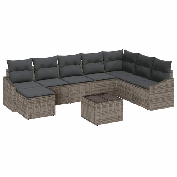vidaXL Sofa Set mit Kissen 9 pcs Grau Poly Rattan