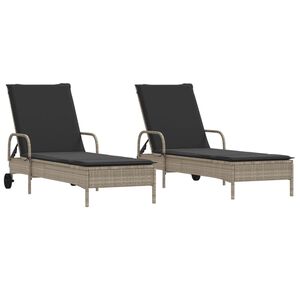 vidaXL Sonnenliegen mit Auflagen 2 Stk. Hellgrau Poly Rattan