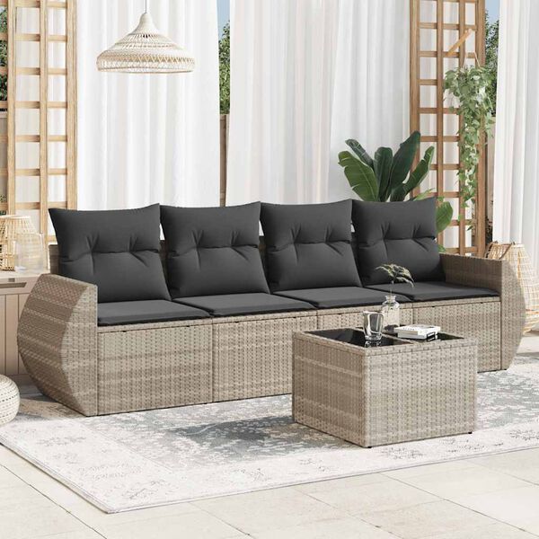 vidaXL 5-tlg. Garten-Sofagarnitur mit Kissen Hellgrau Poly Rattan