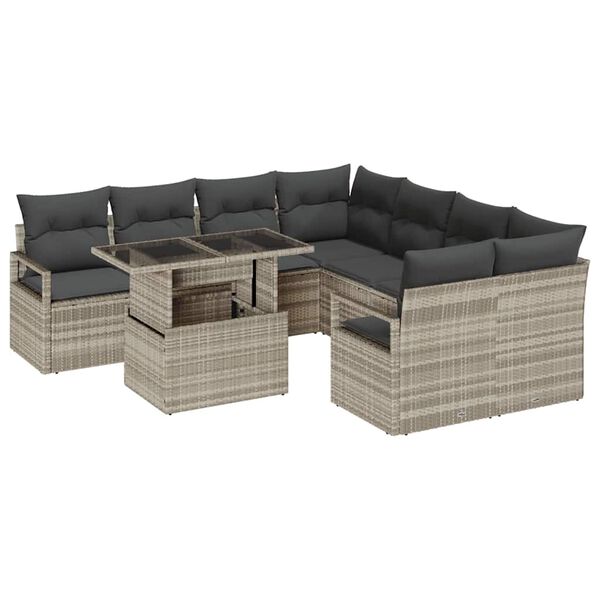 vidaXL Garten-Sofa-Set mit Kissen 9 pcs Hellgrau Poly-Rattan