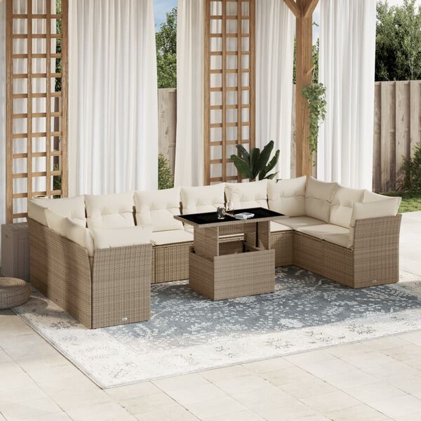 vidaXL 11-tlg. Garten-Sofagarnitur mit Kissen Beige Poly Rattan