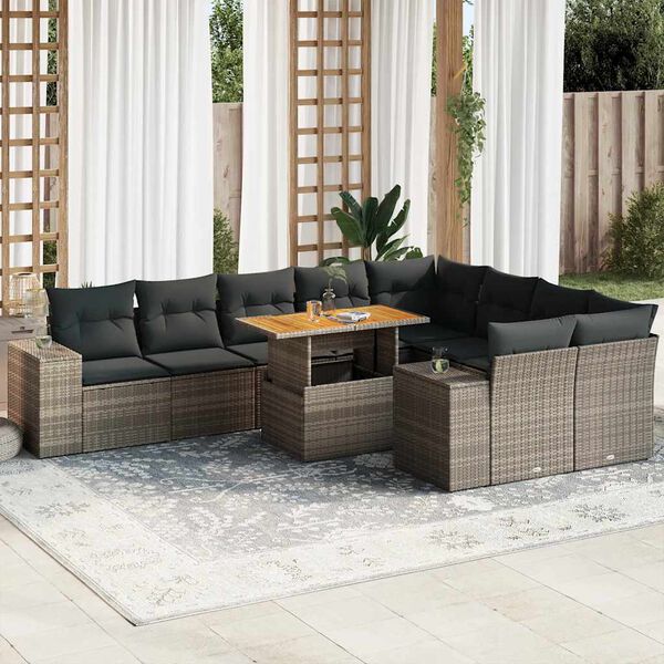 vidaXL 10-tlg. Garten-Sofagarnitur mit Kissen Grau Poly Rattan Akazie