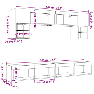 vidaXL 6-tlg. Wohnwand mit LED-Beleuchtung Räuchereiche Holzwerkstoff