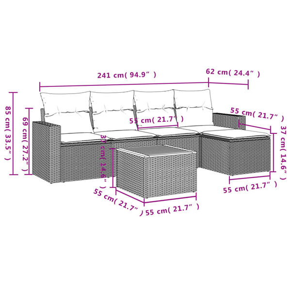 vidaXL 6-tlg. Garten-Sofagarnitur mit Kissen Schwarz Poly Rattan