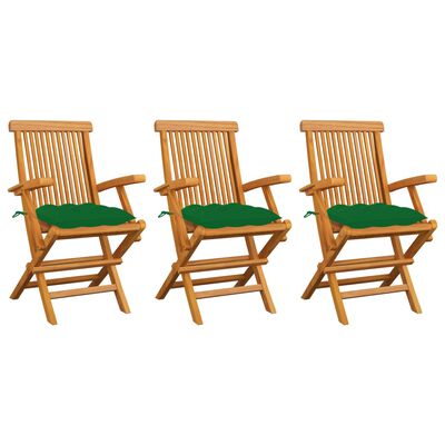 vidaXL Gartenstühle mit Grünen Kissen 3 Stk. Massivholz Teak