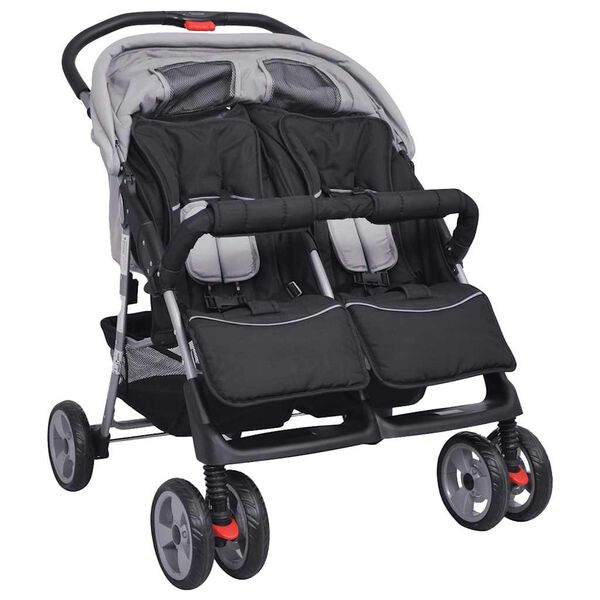 vidaXL Zwillingskinderwagen Stahl Grau und Schwarz