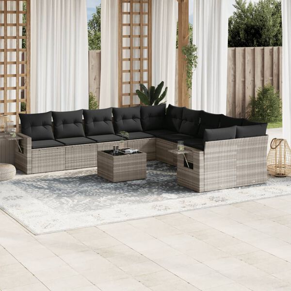 vidaXL 11-tlg. Garten-Sofagarnitur mit Kissen Hellgrau Poly Rattan