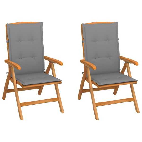 vidaXL Gartenst&uuml;hle 2 Stk. mit Grauen Kissen Massivholz Teak