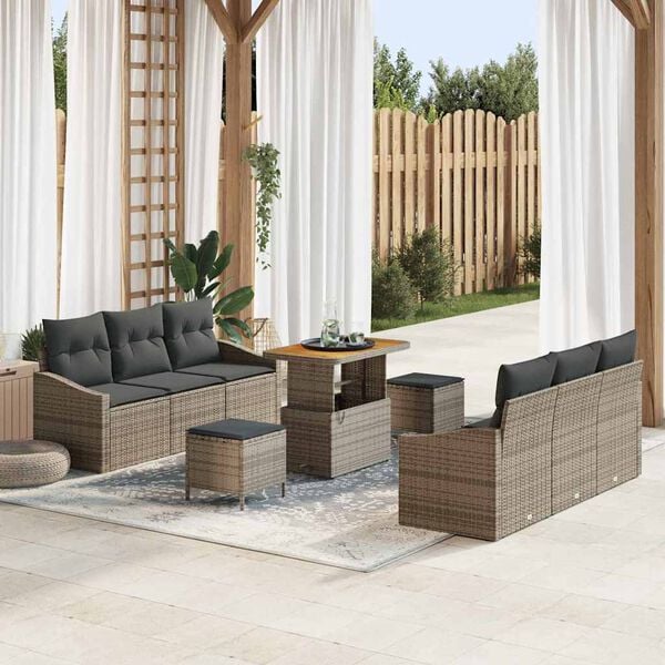vidaXL Garten-Sofa-Set mit Kissen 9 pcs Grau Poly Rattan