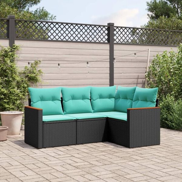 vidaXL 4-teiliges Gartensofa-Set mit Kissen, schwarzes Polyrattan