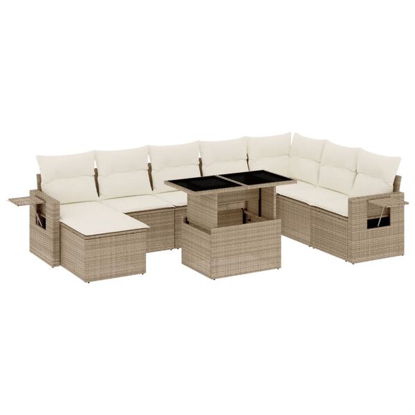 vidaXL 9-tlg. Garten-Sofagarnitur mit Kissen Beige Poly Rattan