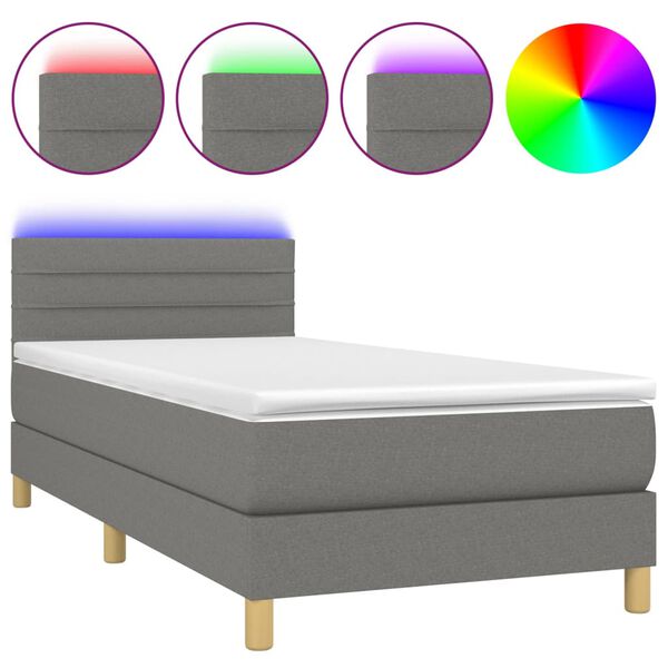 vidaXL Boxspringbett mit Matratze & LED Dunkelgrau 90x200 cm Stoff