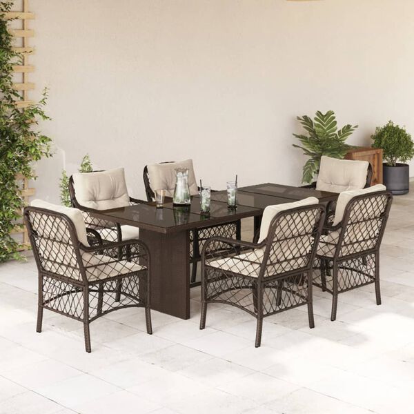 vidaXL 7-tlg. Garten-Essgruppe mit Kissen Braun Poly Rattan