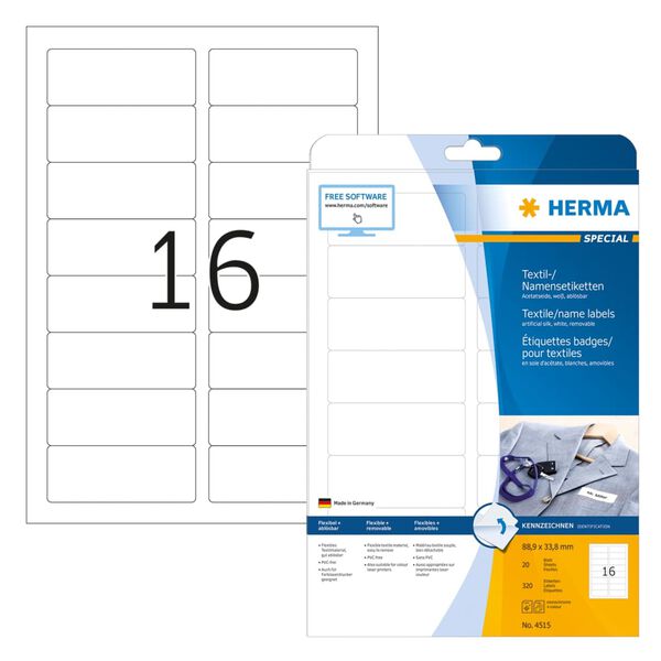 HERMA Namensetiketten f&uuml;r Textilien Abl&ouml;sbar A4 88,9x33,8mm 20 Bl&auml;tter