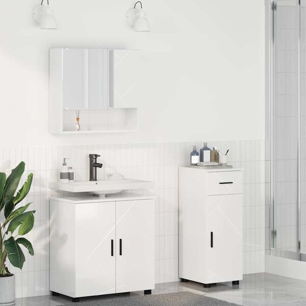 vidaXL Badezimmerm&ouml;bel-Set 3 pcs Hochglanz Wei&szlig; Holzwerkstoff & Metall