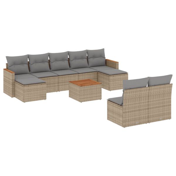 vidaXL 10-tlg. Garten-Sofagarnitur mit Kissen Beige Poly Rattan