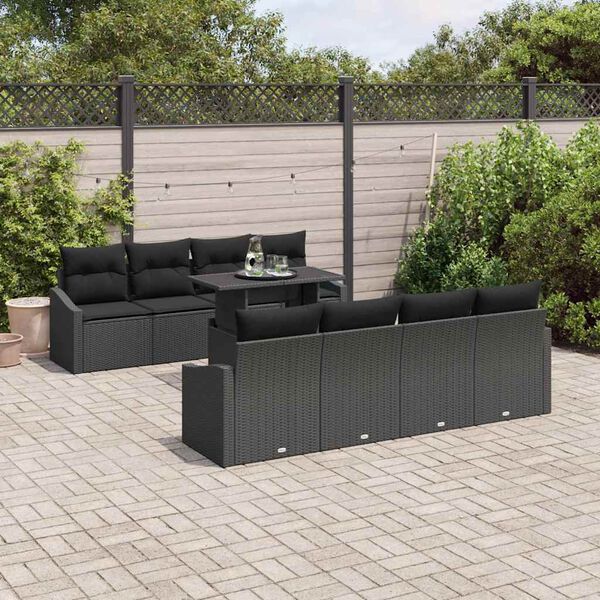 vidaXL Garten-Sofa-Set mit Kissen 9 pcs Schwarz Poly-Rattan