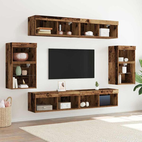 vidaXL TV-Schrankset mit LED-Lichtleisten 8 pcs Altholz Holzwerkstoff