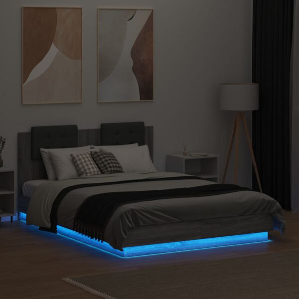 vidaXL Bettgestell mit Kopfteil und LED Grau Sonoma-Eiche 120x190 cm