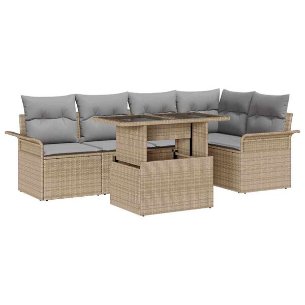 vidaXL Garten-Sofa-Set mit Kissen mit Speicher 6 pcs Beige Poly Rattan